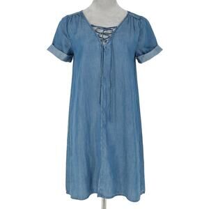 Lucky Brand Dress Womens XS Blue Chambray Lace Up A-line Hipster Boho Chic